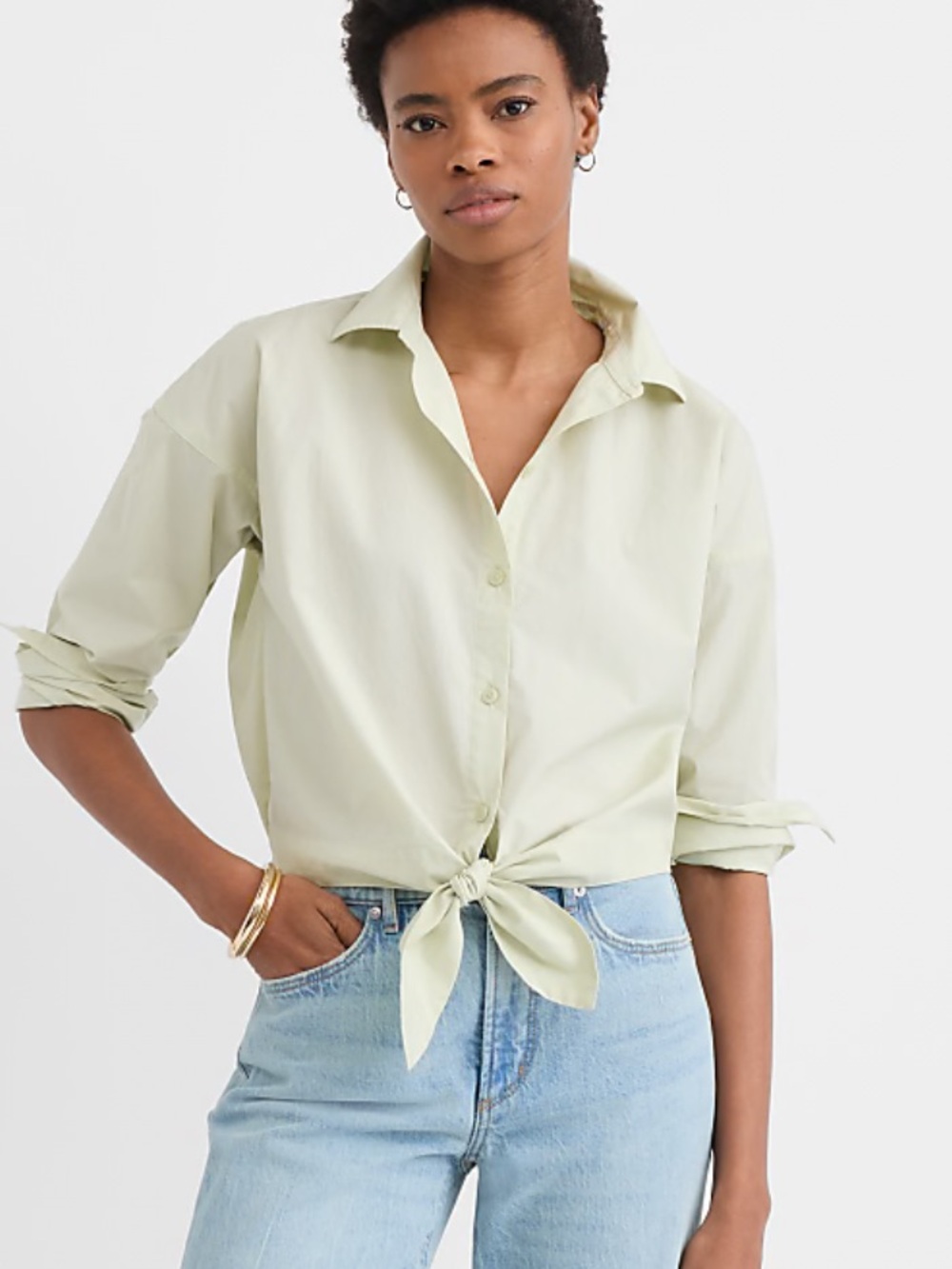 LOFT Pale Green Tie-Front Button Down Shirt